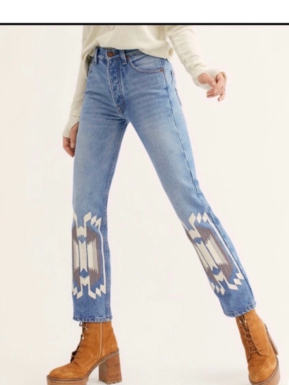 Embroidered Light Blue Straight-Leg Jeans FREE PEOPLE - LIKE NEW